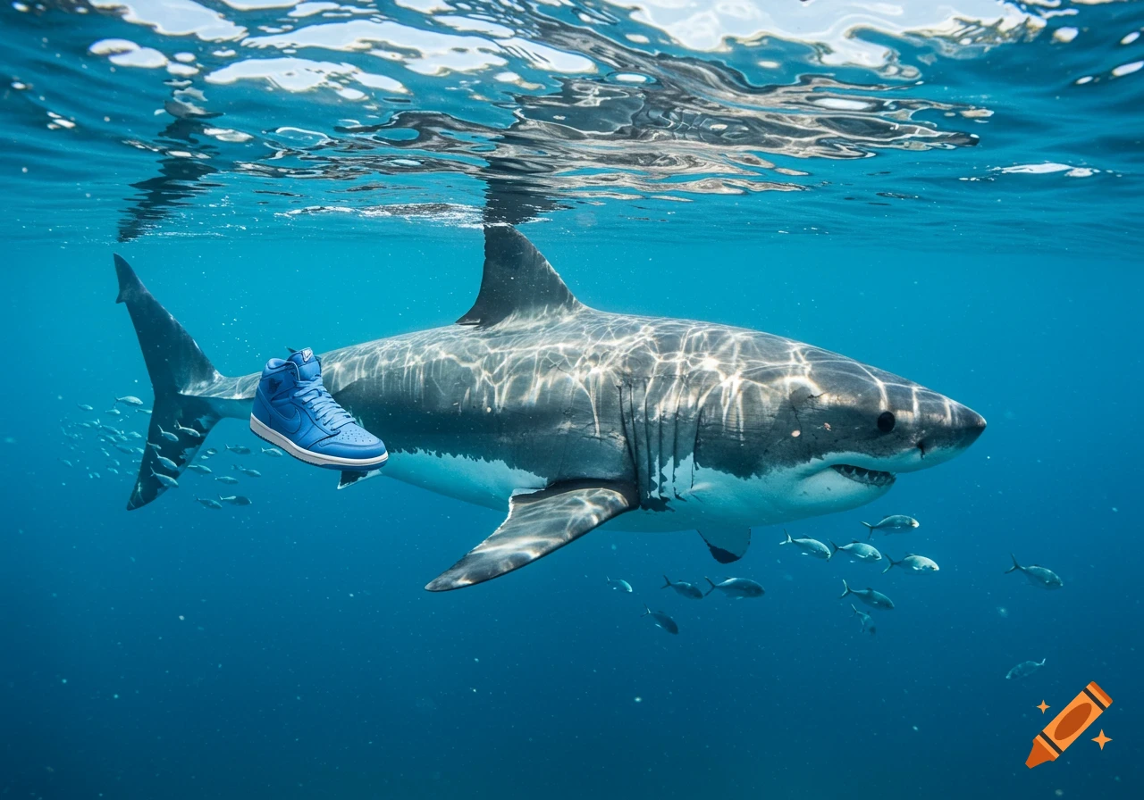 A great white shark swims underwater with a bright blue high-top sneaker on its back, surrounded by smaller fish.