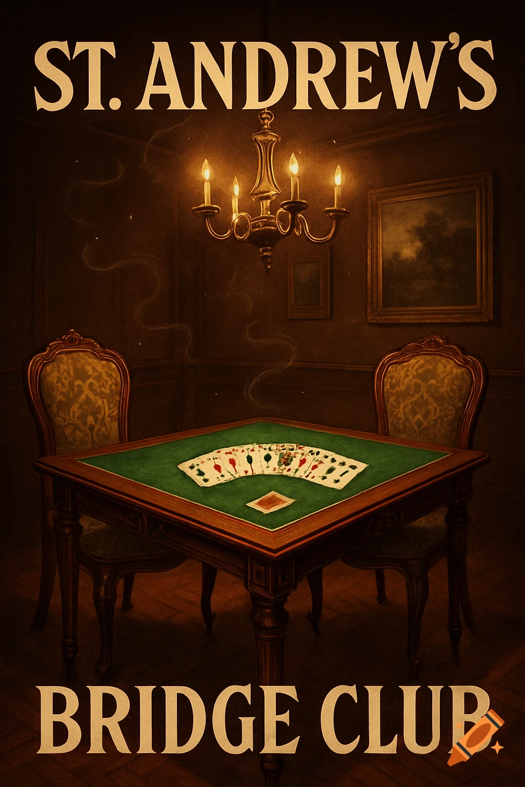 A vintage-style poster for St. Andrew's Bridge Club, featuring a dimly lit room with a card table, chairs, and a chandelier.