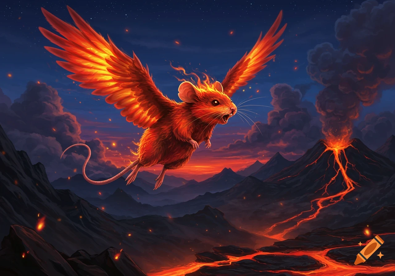 A fiery, winged mouse flies through a dark, star-filled sky above a dramatic landscape with an erupting volcano and glowing lava rivers at sunset.