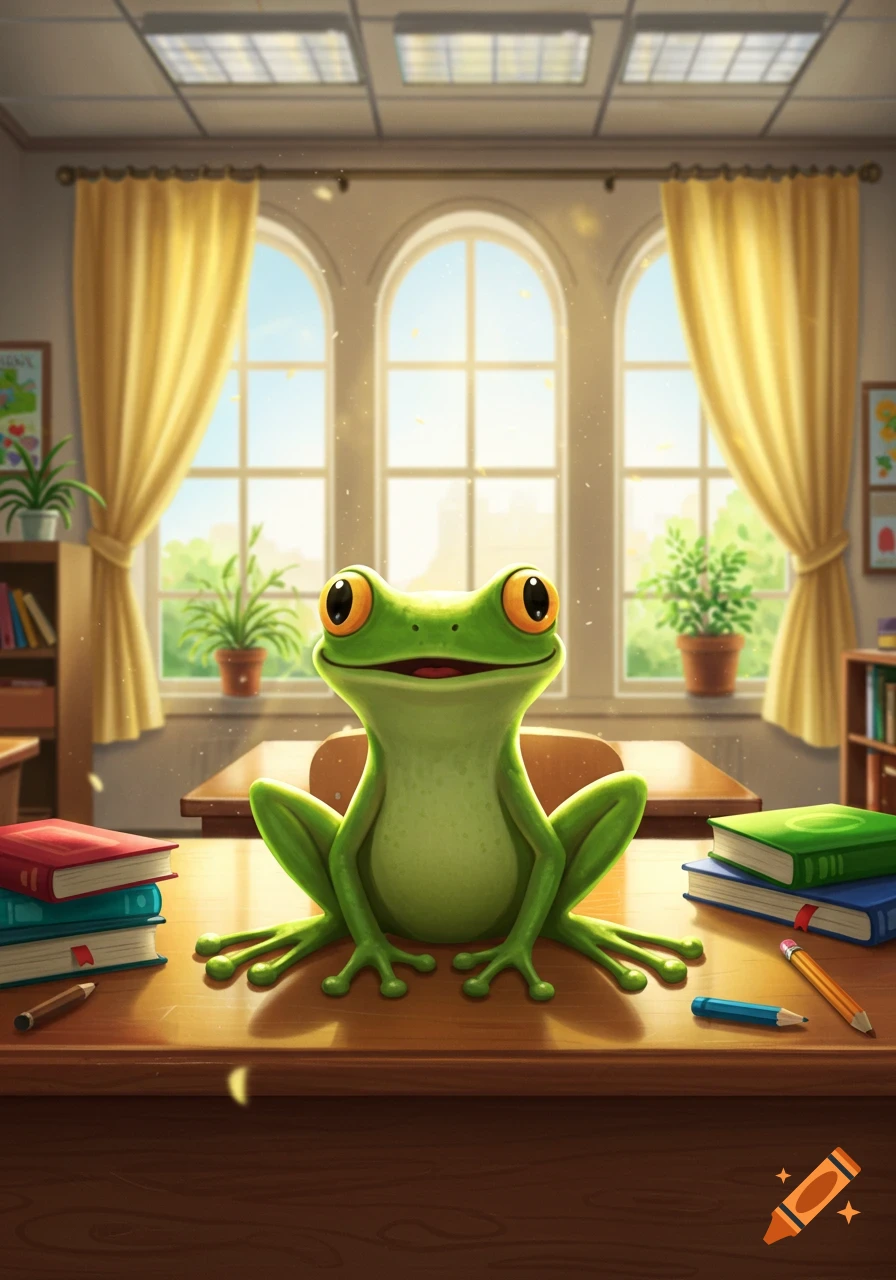 A cute, happy cartoon frog sits on a classroom desk with books and pencils, bathed in sunlight from large windows.