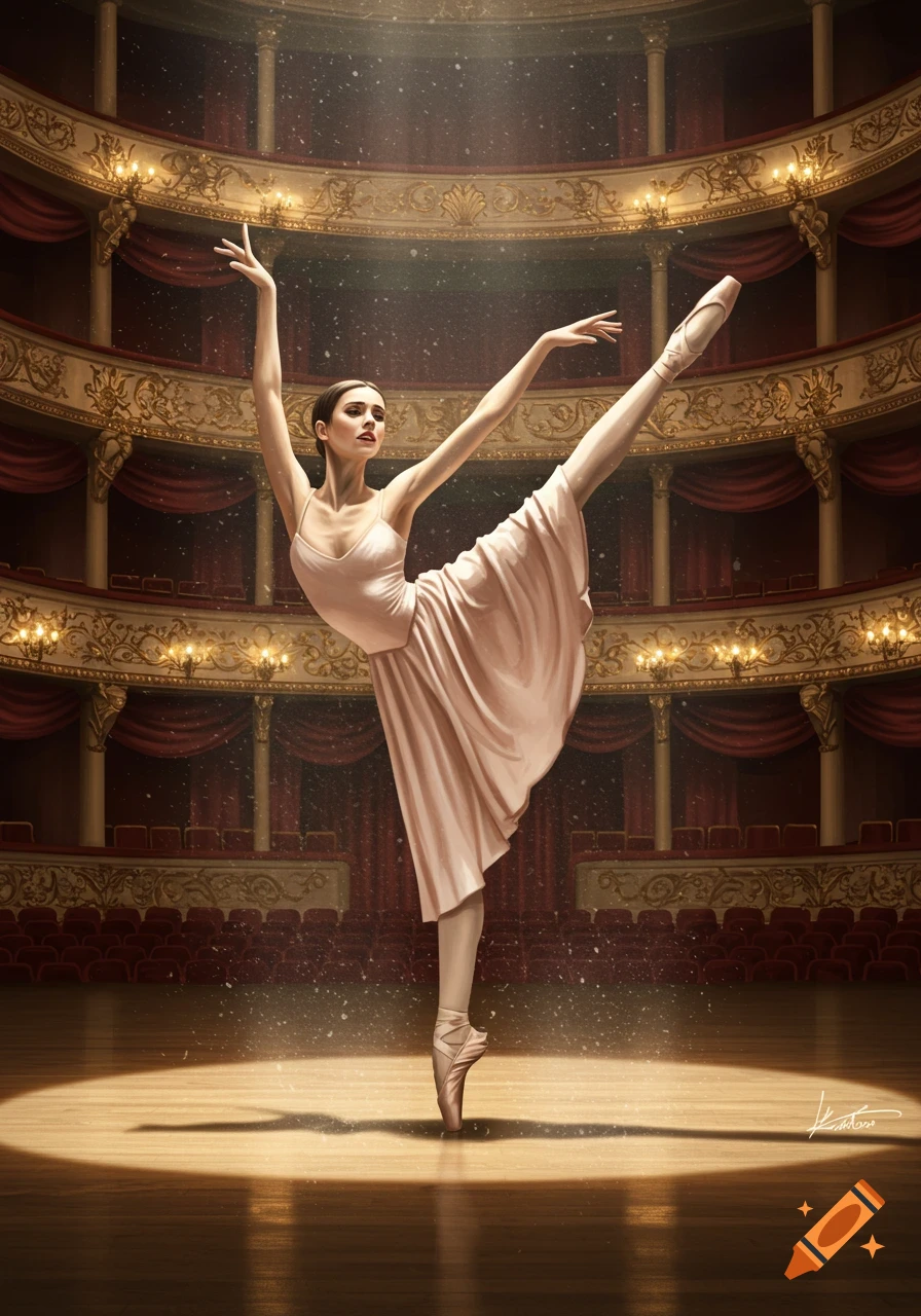 A ballerina in a pale pink dress dances on pointe under a spotlight on a stage in an ornate theater.