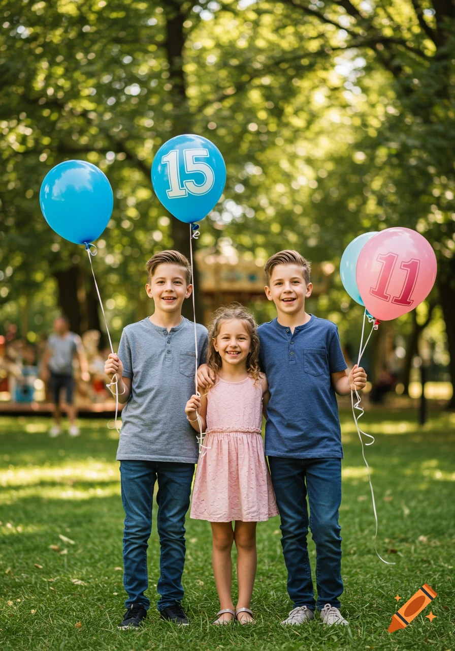 Three smiling children, two boys and one girl, stand in a park holding balloons. One blue balloon has '15' and a pink balloon has '11'.