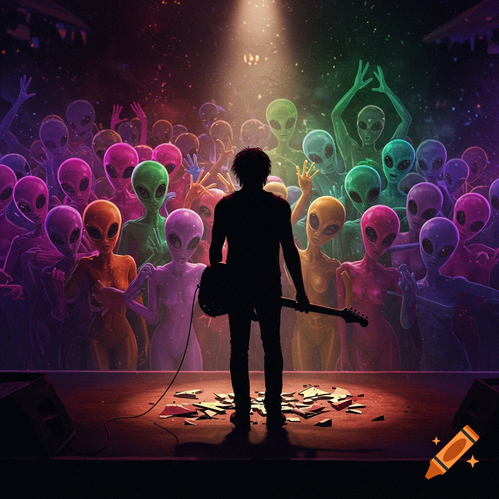 A silhouetted rockstar stands on stage with debris at their feet, facing a vibrant, multi-colored crowd of aliens in a concert hall, lit by a spotlight.