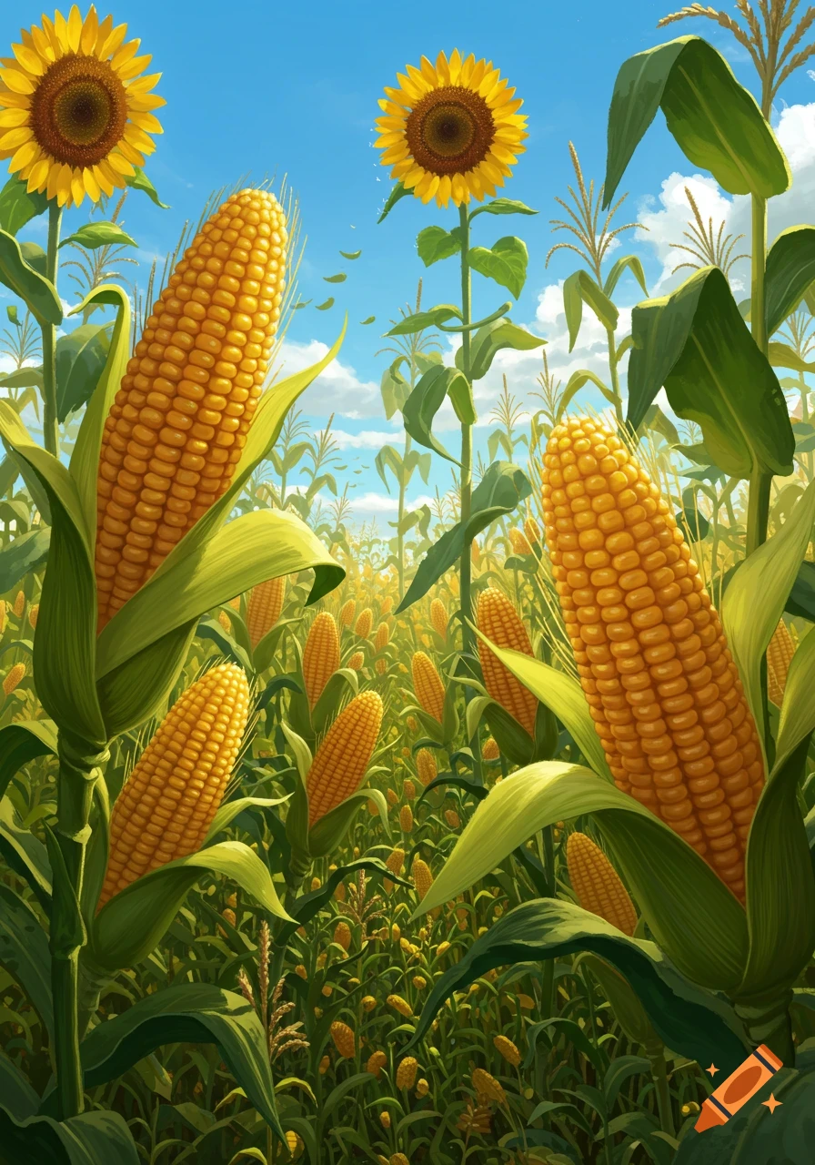 A vibrant field of mature corn cobs and tall sunflowers under a bright blue sky, in an illustrative style.