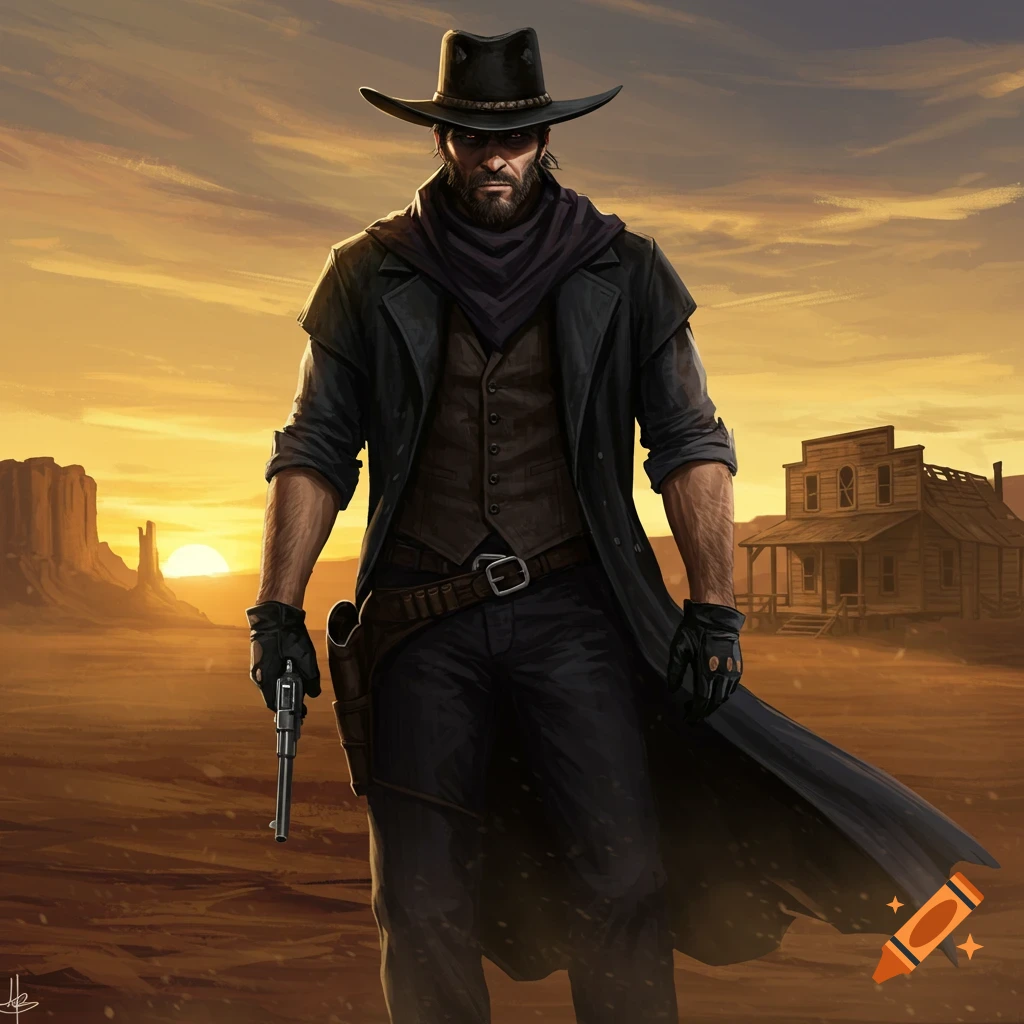 A cowboy outlaw in a black coat and hat holds a pistol in a desert landscape at sunset, digital art.