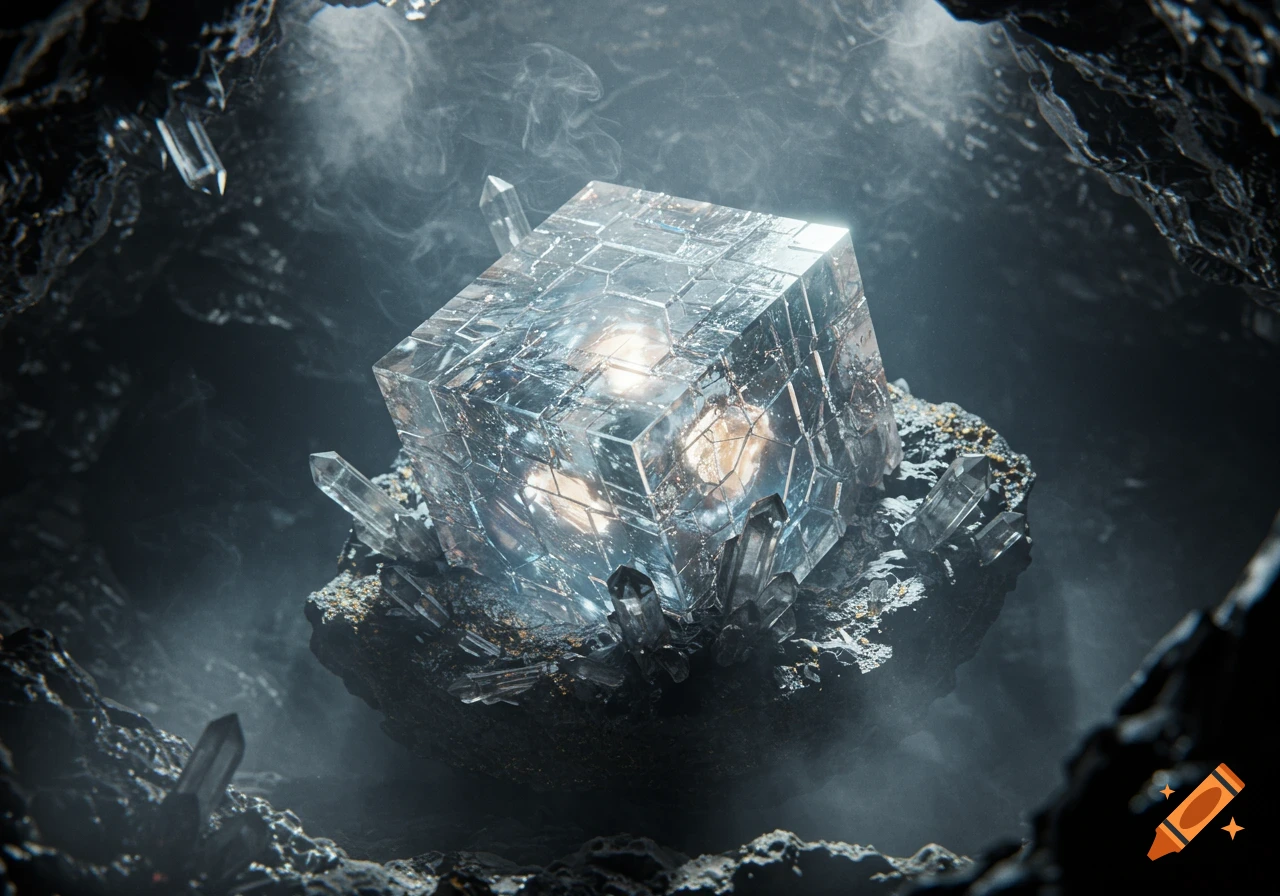 A glowing, multifaceted crystal cube sits on dark rock in a misty cave, surrounded by smaller crystals. Photorealistic.