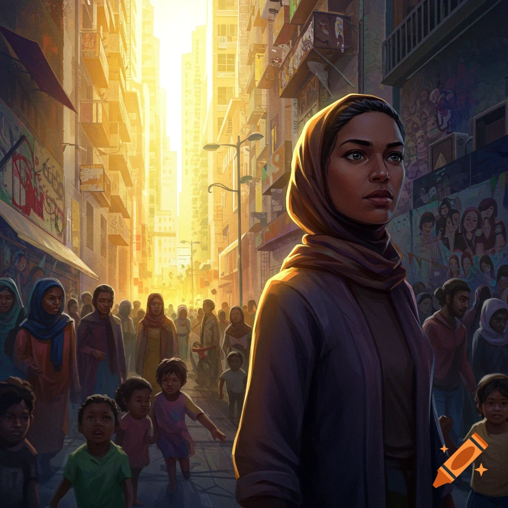 An illustration of a woman in a hijab in a sunny, crowded city street, looking determinedly forward.