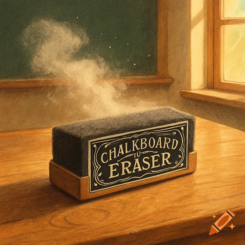 A chalkboard eraser with chalk dust rising, sits on a wooden desk in a classroom with a chalkboard and window. Text reads "CHALKBOARD TO ERASER".