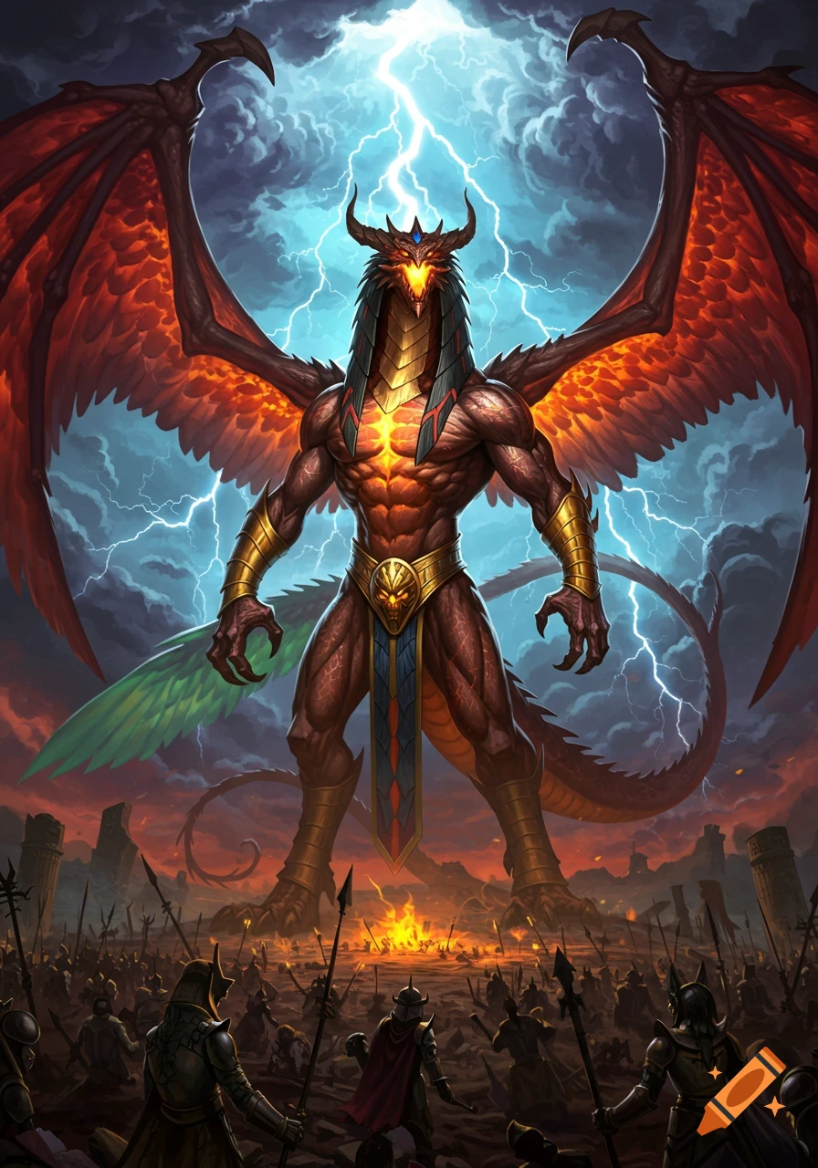 A colossal winged dragon-like deity with an Egyptian headdress looms over an army in a stormy, lightning-filled sky, amidst ruins.