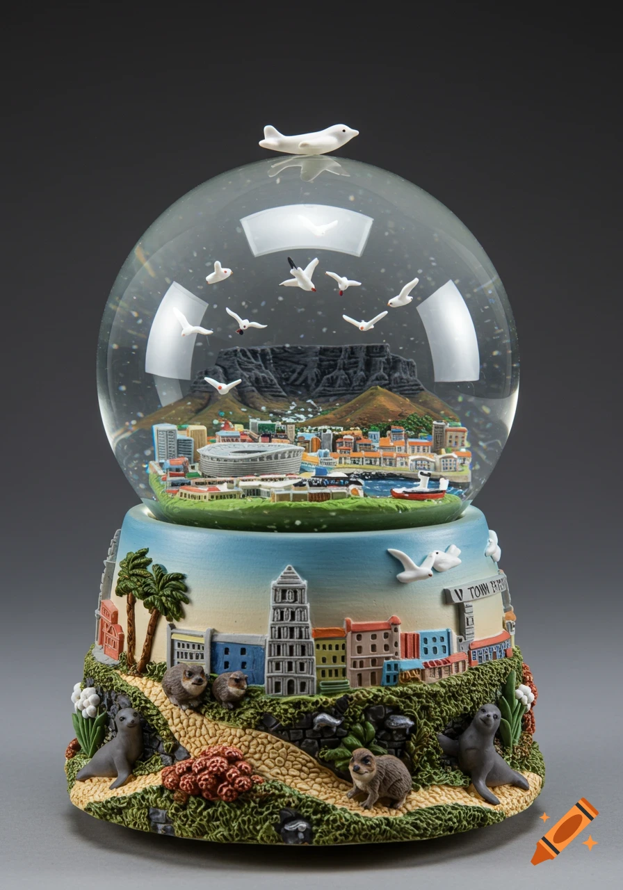 A detailed snow globe featuring a miniature Cape Town scene with Table Mountain, city buildings, a stadium, and a waterfront inside, with white birds and an airplane. The base is adorned with South African plants, dassies, and seals.