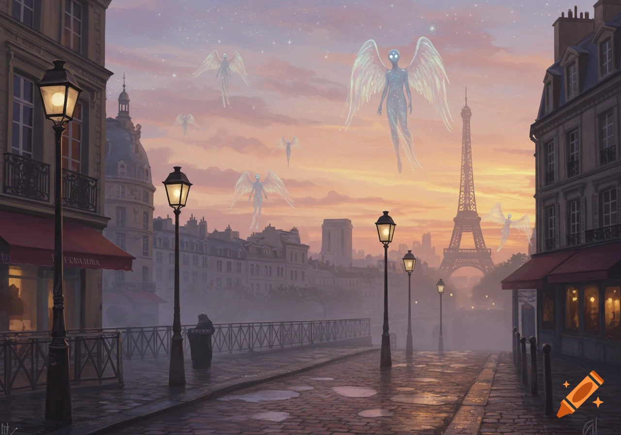 Glowing angelic figures float in a dawn sky over a Parisian cityscape with the Eiffel Tower.