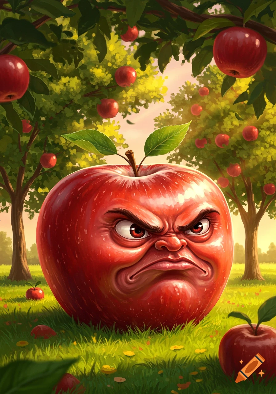 A cartoon-style angry red apple with a scowling face sitting in a grassy orchard under apple trees.