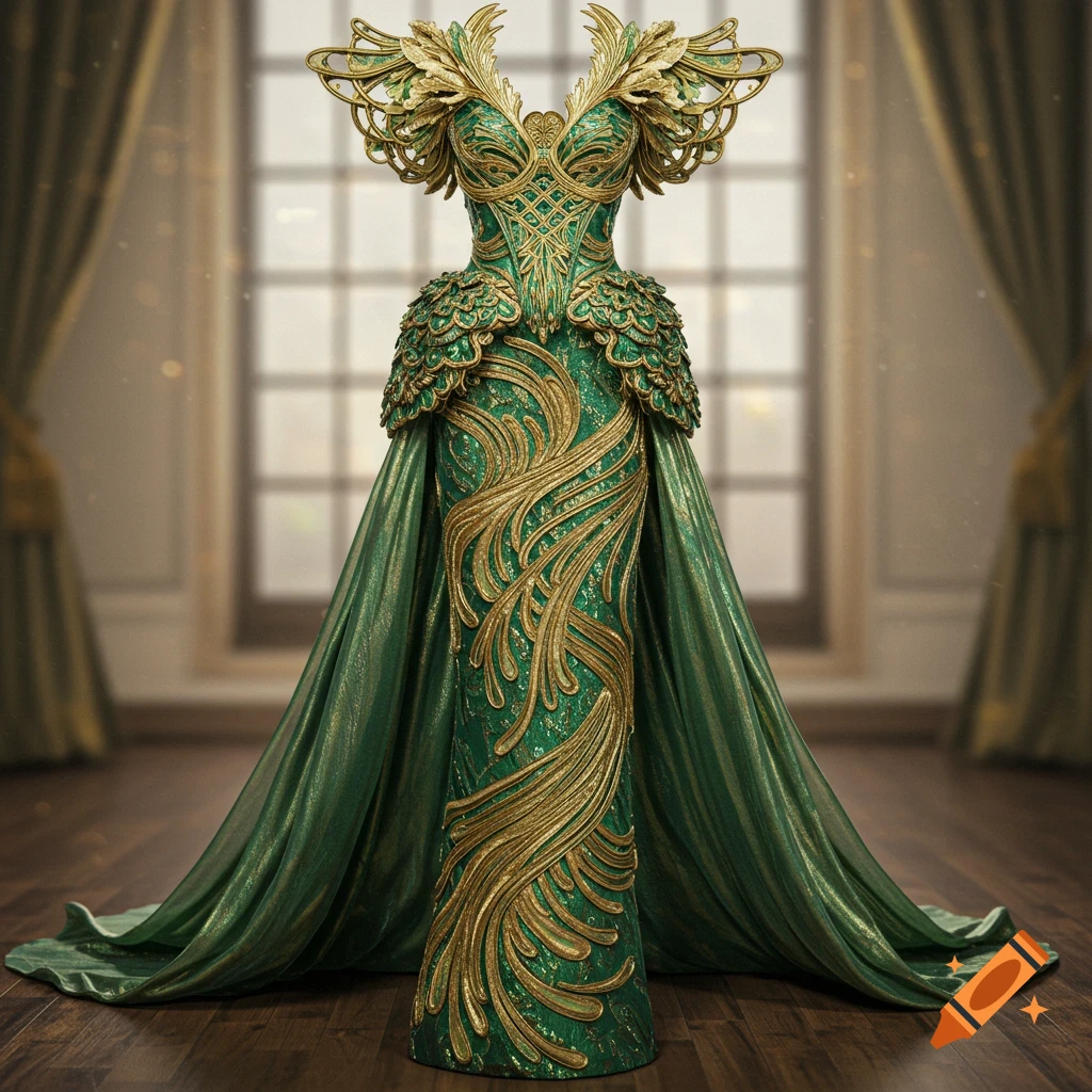A luxurious green and gold art nouveau couture dress with intricate patterns and a long train, standing in a room with a window.