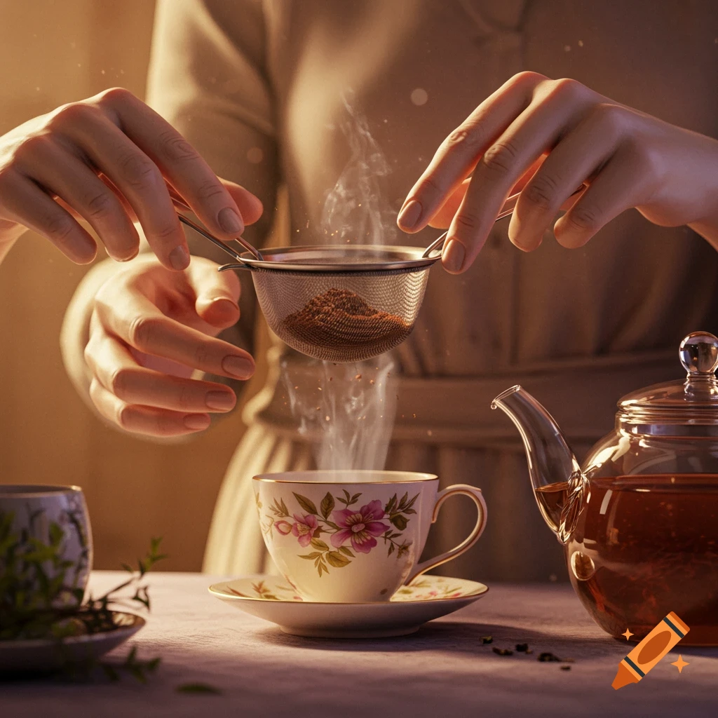 Close-up of hands holding a tea strainer over a steaming floral teacup, with a glass teapot on a table.