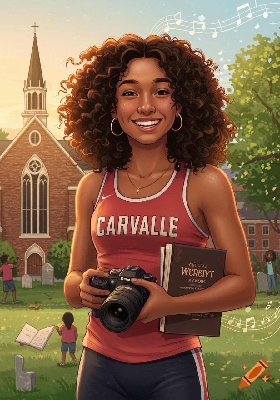 Smiling young woman with curly hair holds a camera and a book in front of a church, with musical notes floating in the air.