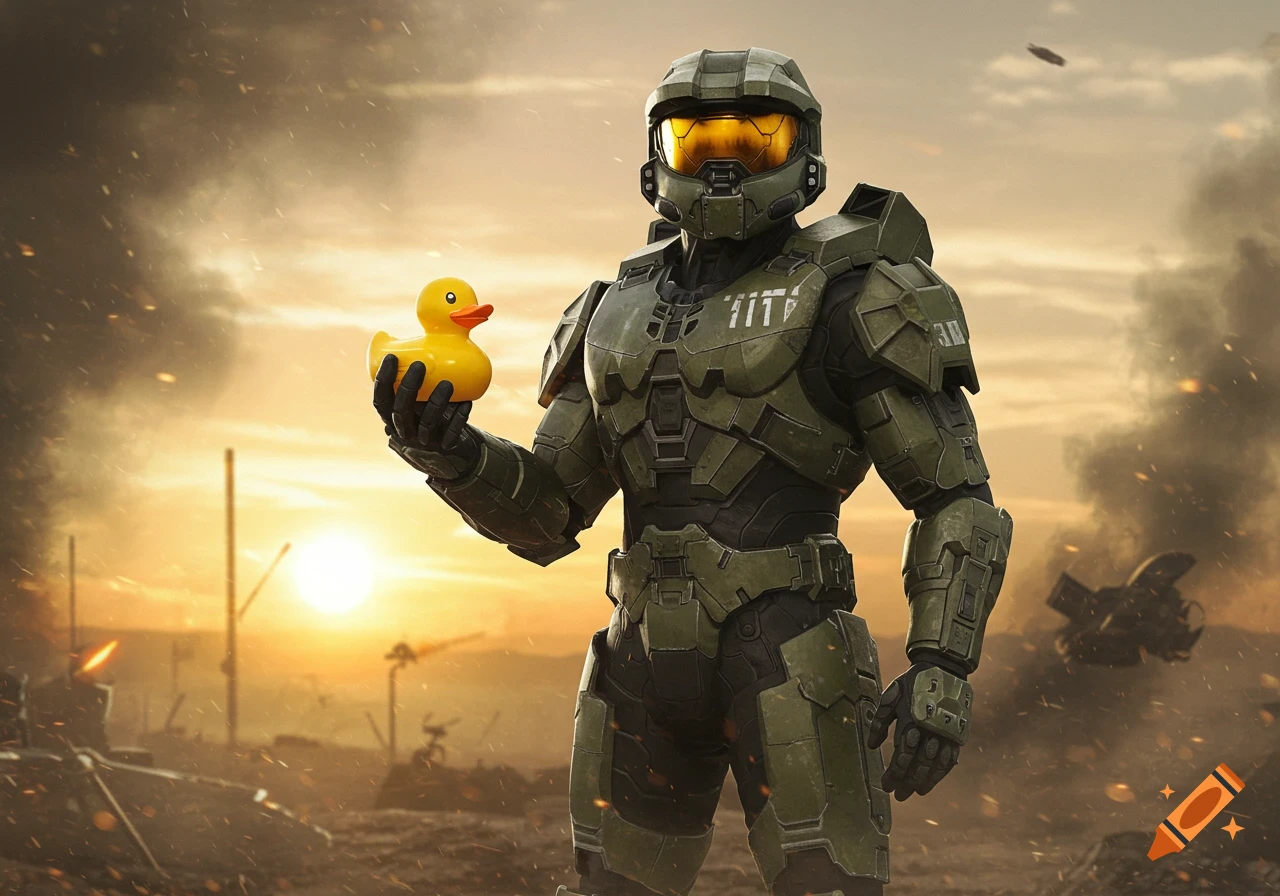 Photorealistic Master Chief in military armor holds a yellow rubber duck in a war-torn landscape at sunset.