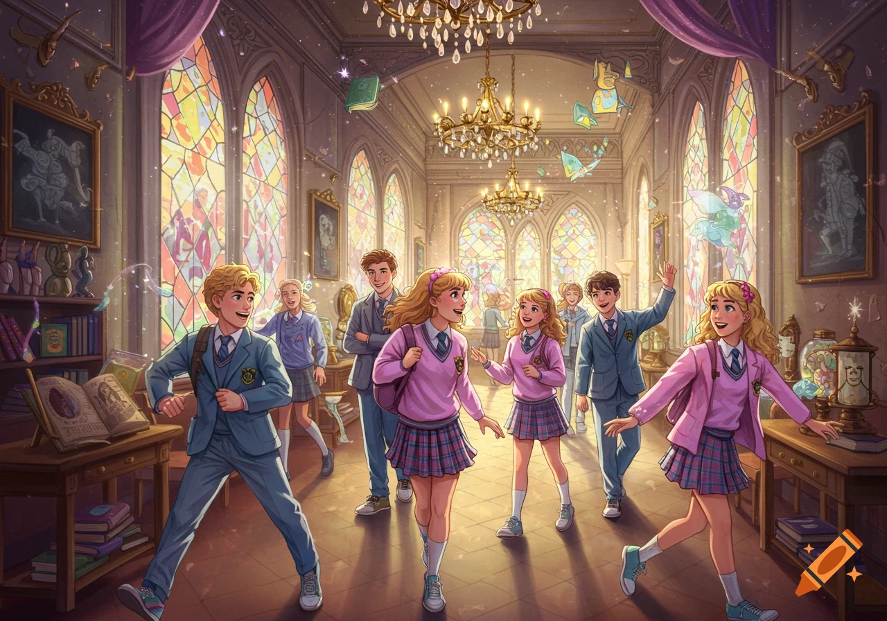 A cartoon image of several boys and girls in school uniforms walking through a grand, mystical hall with stained glass windows, chandeliers, and magical floating books.