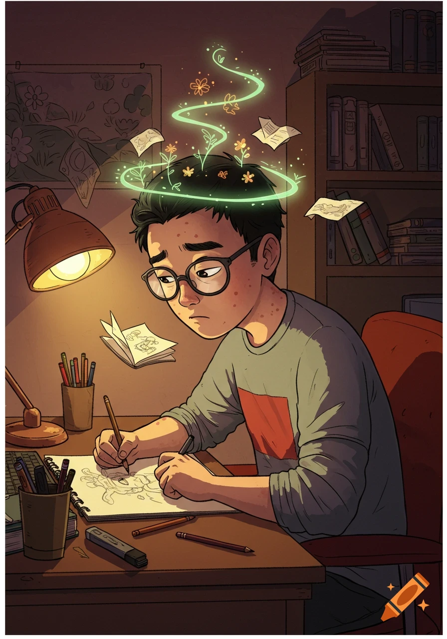 Cartoon Asian boy with glasses draws at a desk, glowing plants and papers float above his head, surrounded by books.