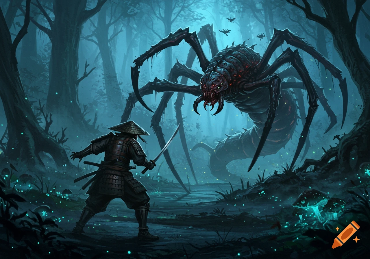 A samurai faces a monstrous spider demon in a misty, dark forest with glowing mushrooms.