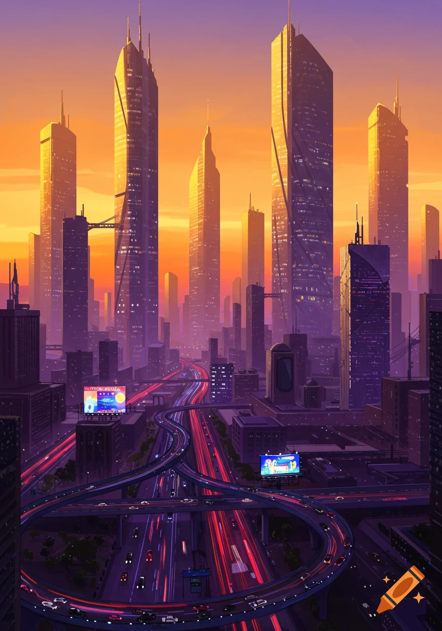 An illustrated cityscape at sunset, featuring tall skyscrapers and a complex highway interchange with blurred car lights.