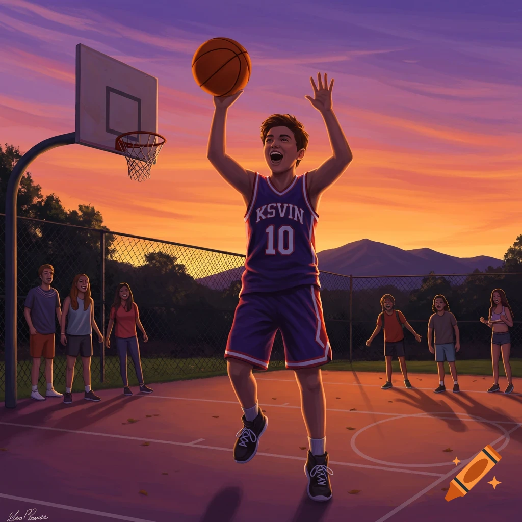 Illustration of a boy in a basketball jersey jumping to shoot a basketball on an outdoor court at sunset, with other teenagers watching.