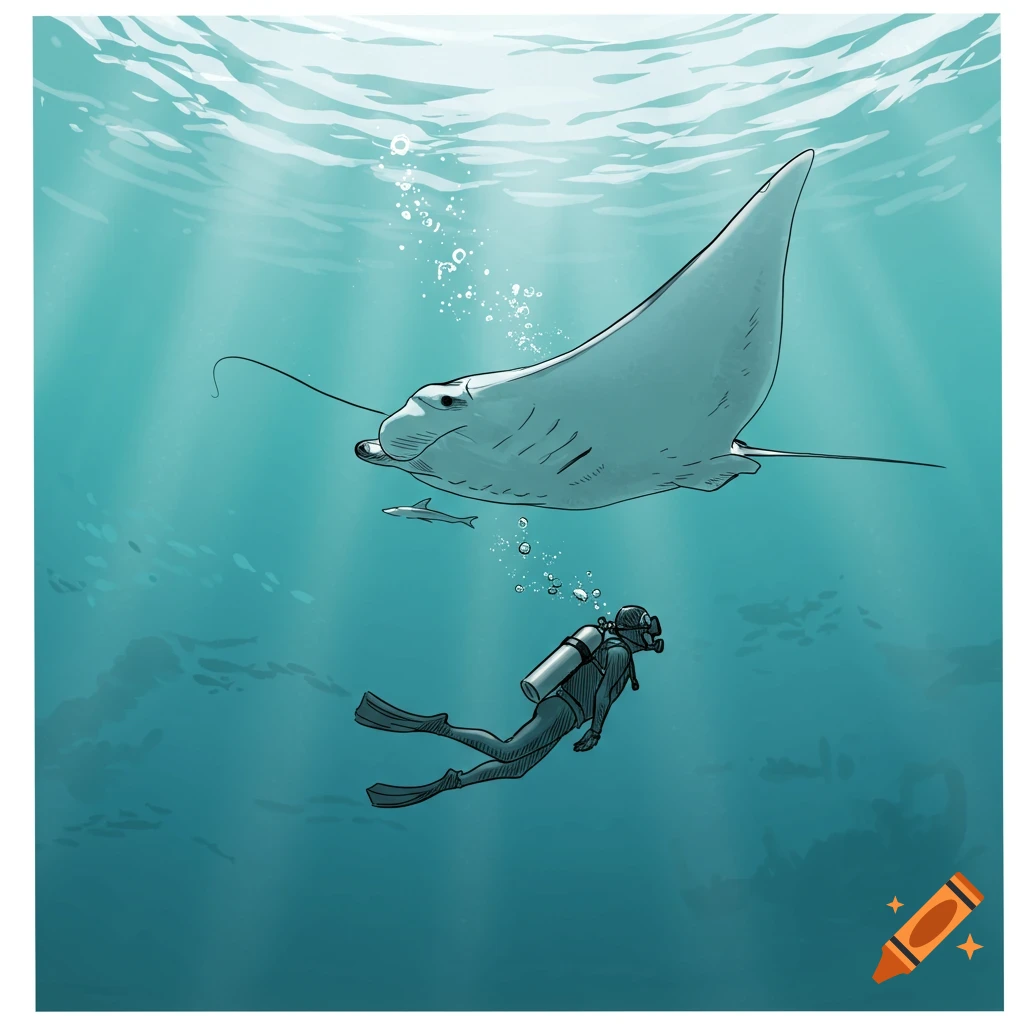 An illustration of a scuba diver swimming beneath a large manta ray in clear blue water with sunrays from above.