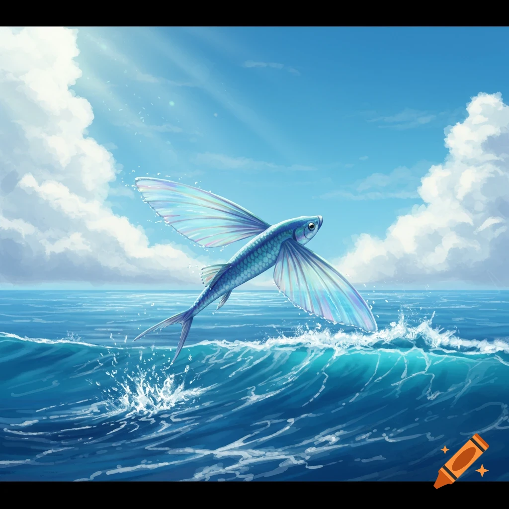 A blue flying fish with translucent wings leaps out of a vibrant blue ocean under a bright sky with white clouds and sun rays.