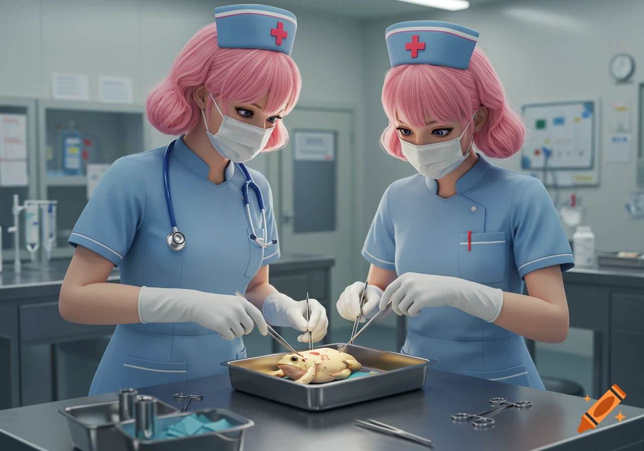 Two anime-style nurses in blue scrubs and masks dissect a frog on a metal tray in a sterile lab.