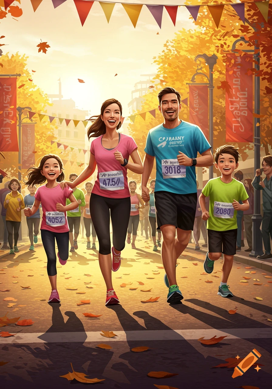 A smiling family of four, including a mother, father, daughter, and son, runs a marathon during autumn, with colorful flags and falling leaves.