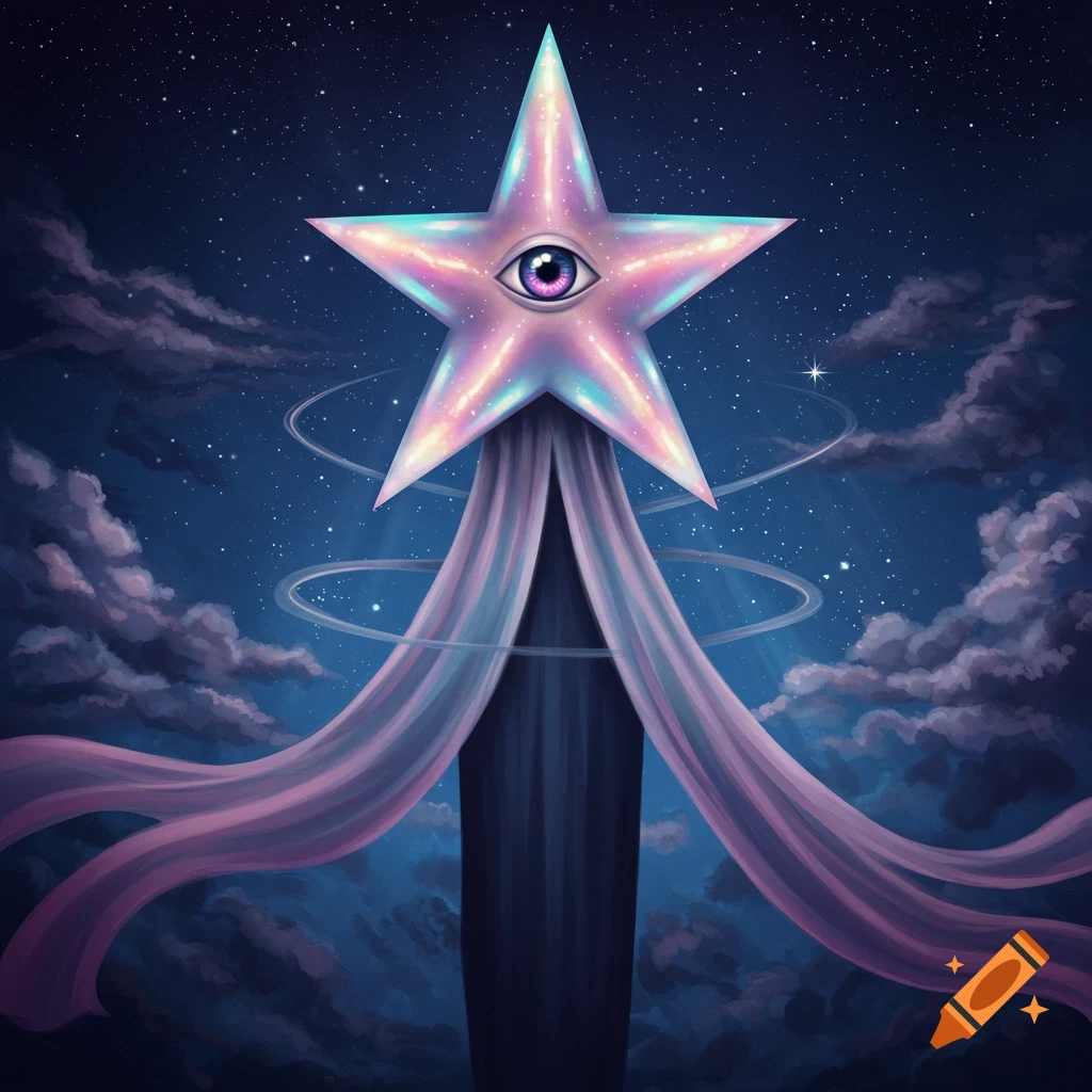 A glowing, iridescent five-pointed star with a single eye in its center floats in a starry night sky, with flowing pink and blue fabric trailing downwards into dark clouds.