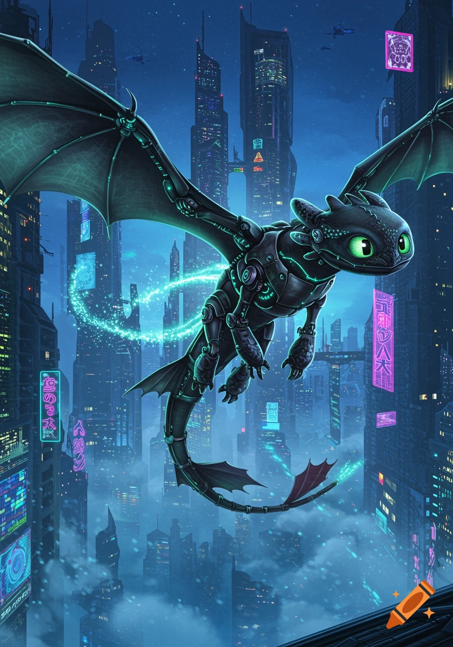 A sleek, black robotic dragon with bright green eyes flies through a neon-lit futuristic city at night, leaving a glowing blue trail.