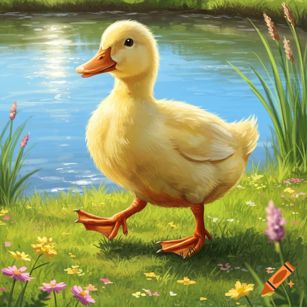 A cute yellow duckling stands on green grass with small colorful flowers near a body of water under sunlight.