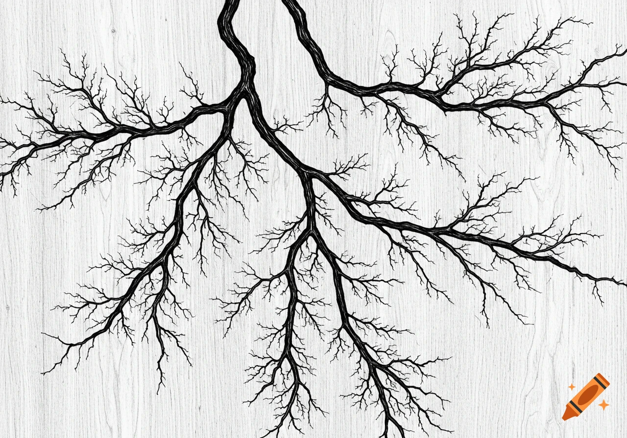 High-contrast black and white image of intricate fractal branching patterns resembling roots or lightning on a wood grain background.