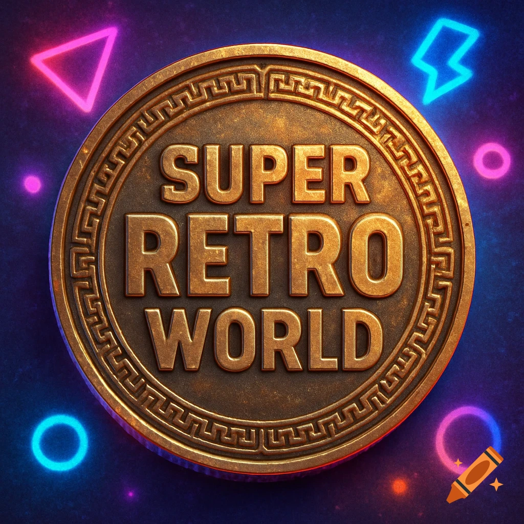 An bronze arcade token featuring the text "SUPER RETRO WORLD" surrounded by a Greek key pattern, set against a dark background with colorful neon shapes.