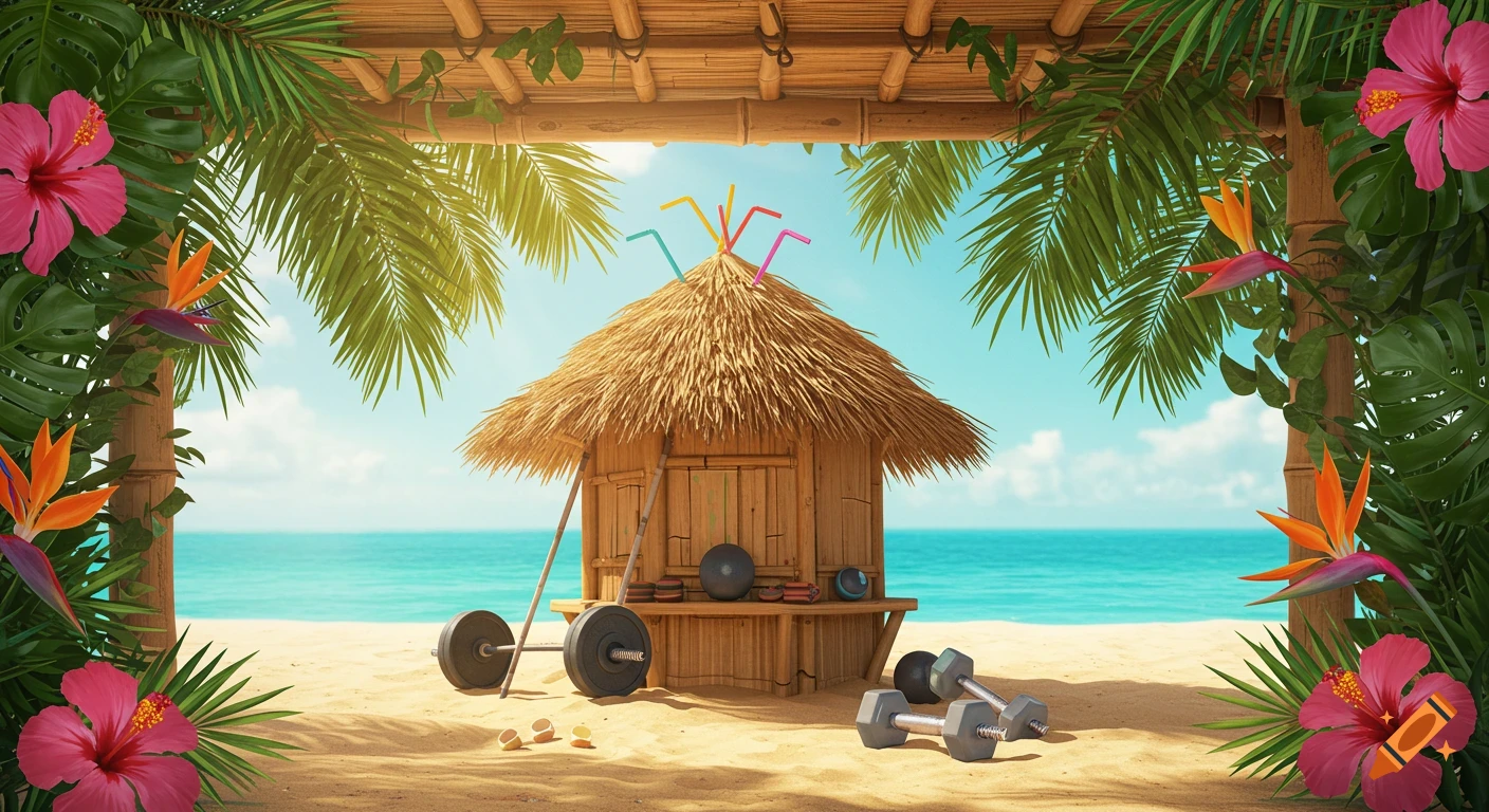A colorful tiki hut on a sandy beach, surrounded by tropical plants and flowers, with fitness equipment like barbells and dumbbells.