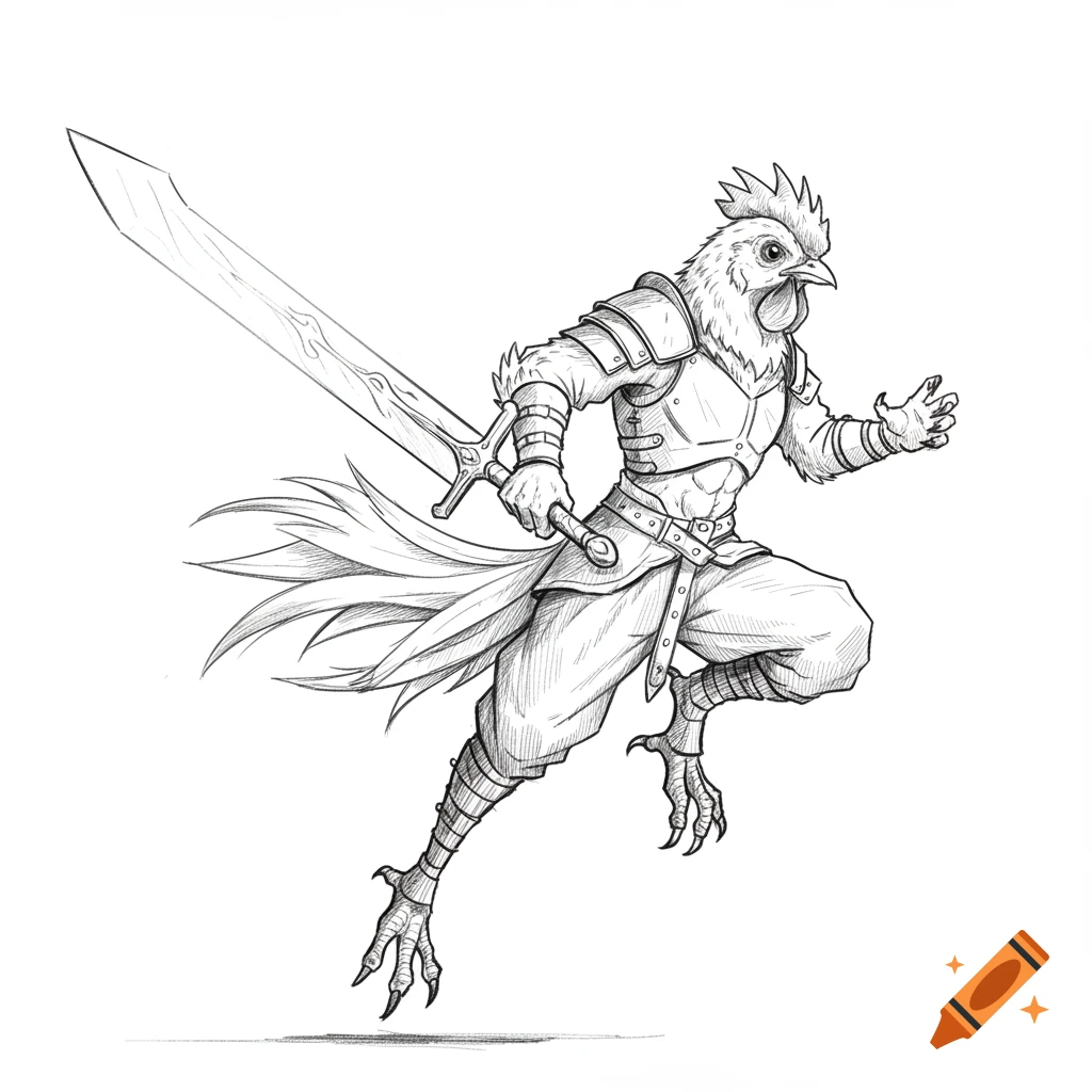 A dynamic pencil sketch of a humanoid chicken warrior in light armor, wielding a large sword and mid-stride.