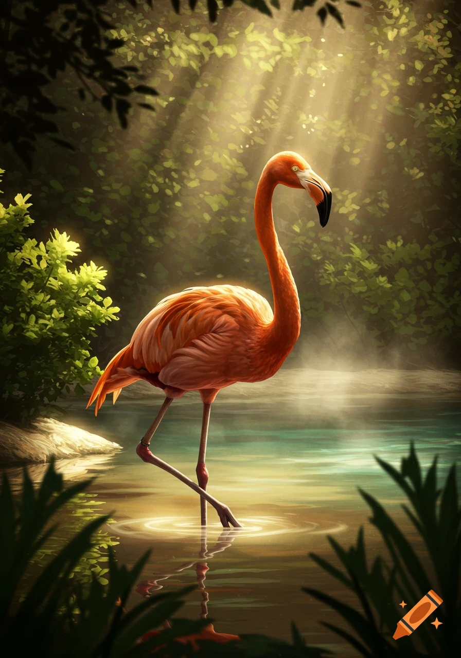 A vibrant orange flamingo stands in shallow, shimmering water amidst lush green foliage, bathed in warm sunlight filtering through the trees.
