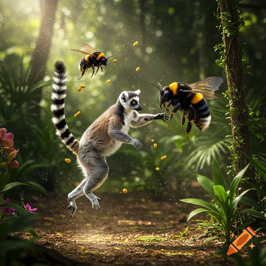 A photorealistic image of a ring-tailed lemur leaping in a lush jungle, reaching out to a giant bumblebee, with another bee flying nearby.