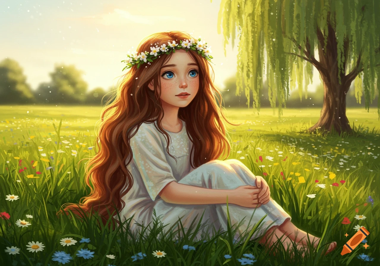 A young girl with long brown hair and a flower crown sits in a sunny, vibrant green field filled with wildflowers under a large tree.