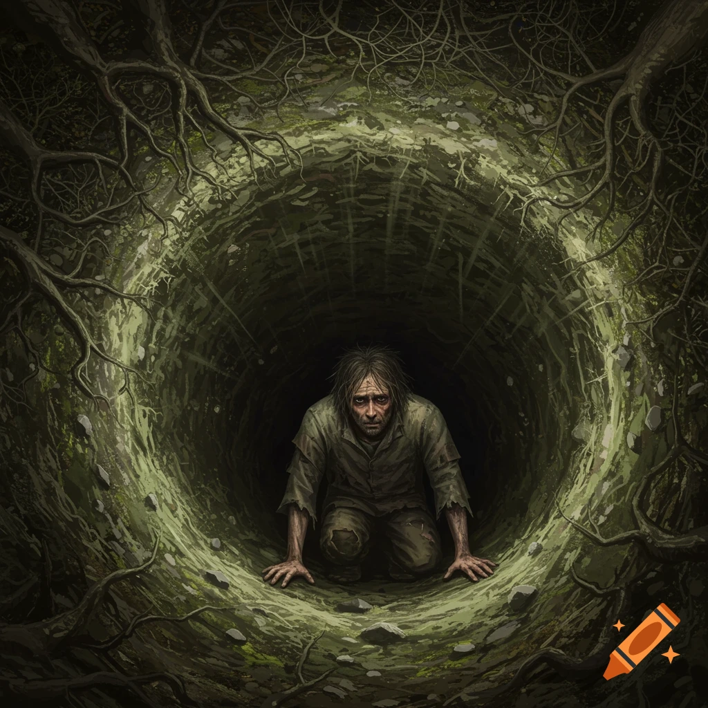 A ragged, distressed man kneels in a deep, dark hole surrounded by gnarled tree roots and earthy textures, looking up.