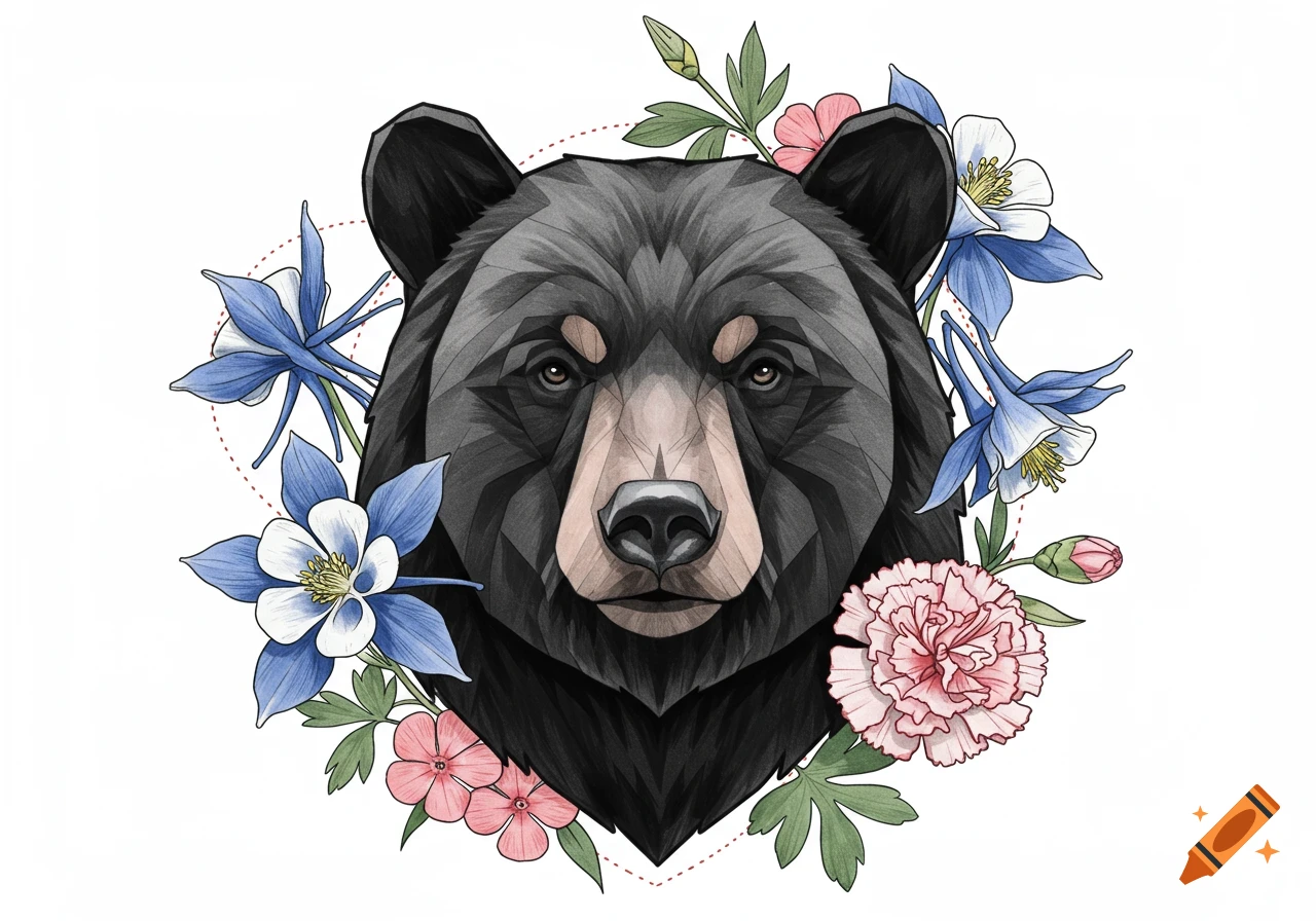 A geometric black bear head surrounded by blue columbine and pink carnation flowers, in a clean, illustrative tattoo design style.
