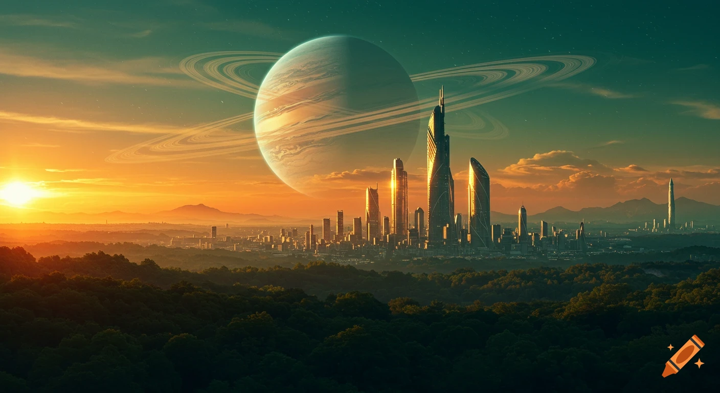 A futuristic city with towering skyscrapers under a sunset sky, featuring a large ringed planet and lush forests.