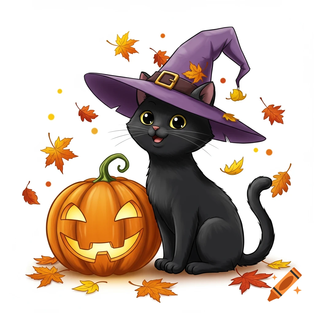 A cute black cat wearing a purple witch's hat smiles while sitting next to a glowing jack-o-lantern, surrounded by autumn leaves in a Disney-style illustration.