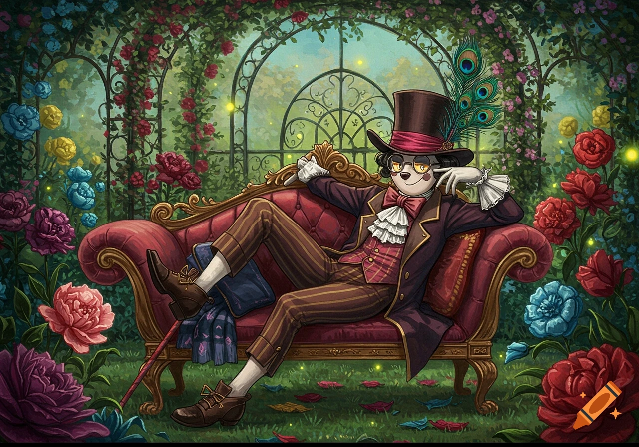 An anthropomorphic dandy character in a top hat lounges on a red couch in a whimsical, colorful garden.