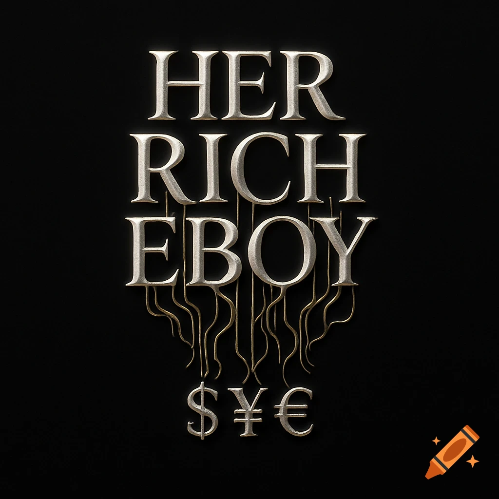 3D metallic text "HER RICH EBOY" with currency symbols on a black background, featuring golden organic tendrils.