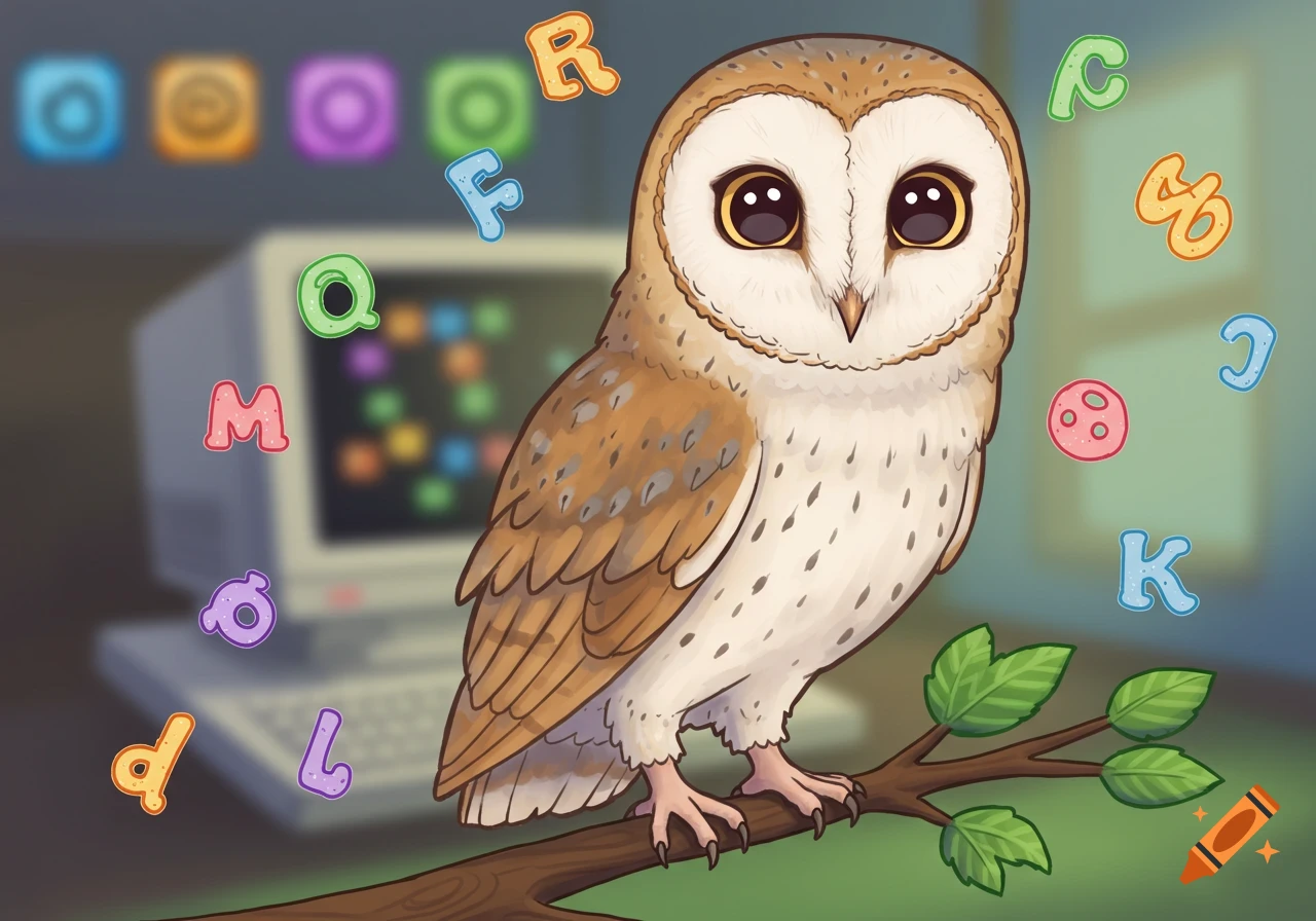 A cartoon barn owl with big eyes perches on a branch in front of a blurry 90s computer with floating alphabet letters.