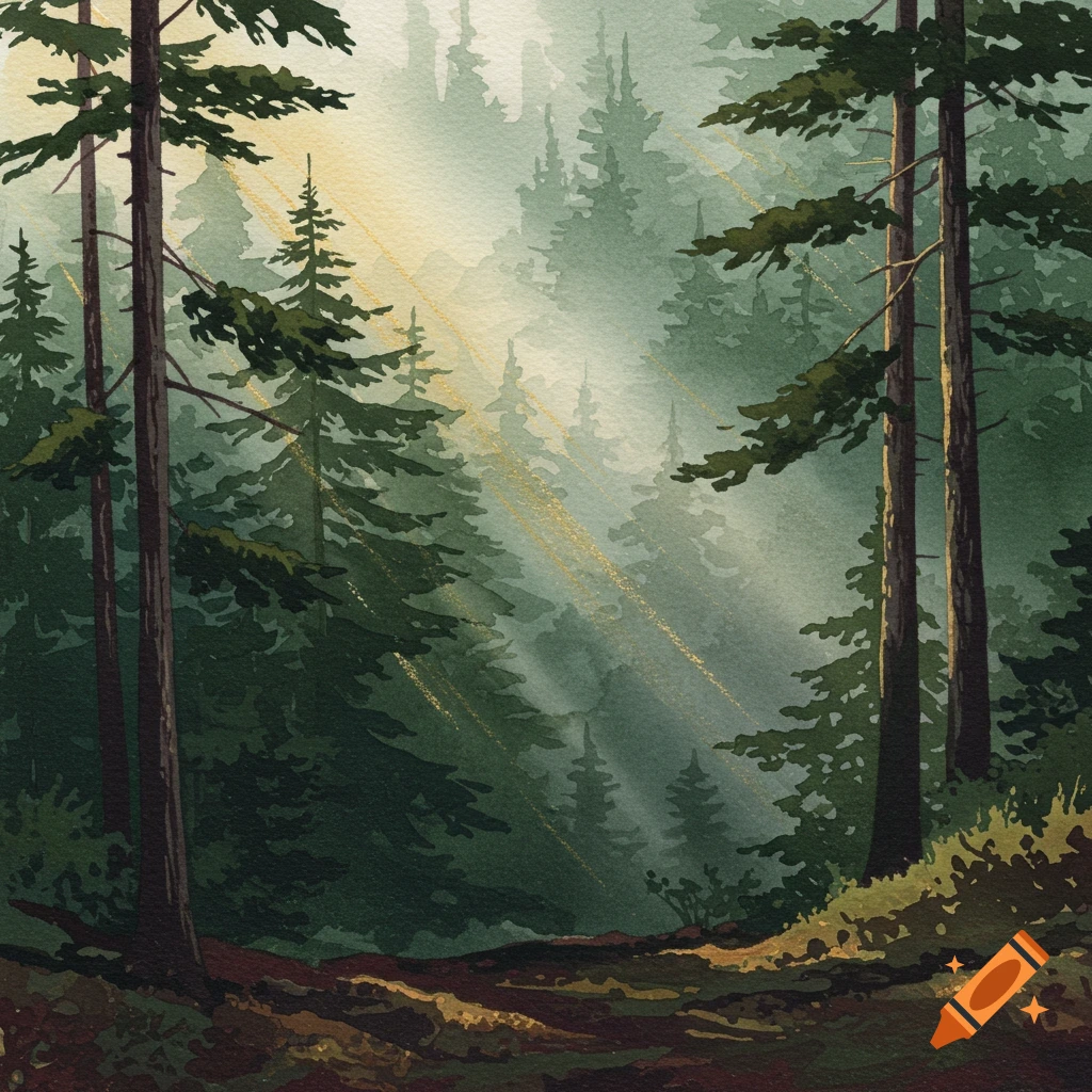 Watercolor painting of a dense forest with sunlight rays cutting through misty trees and a dirt path.
