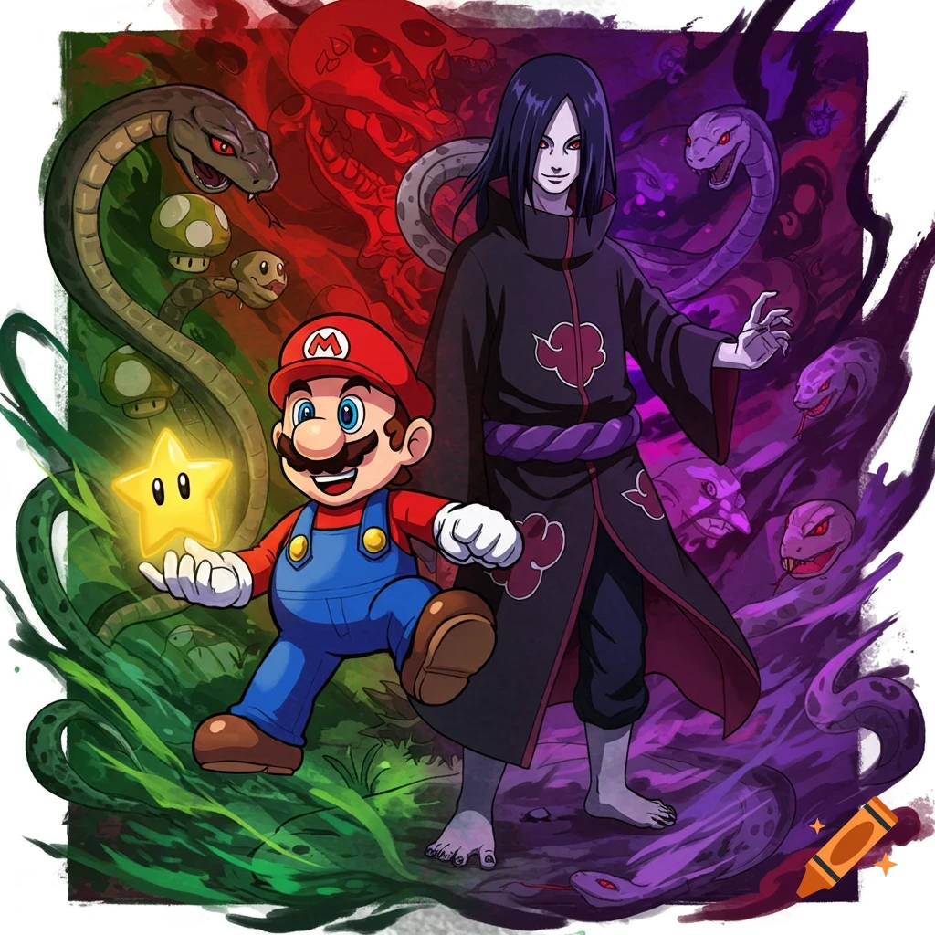 Colorful fan art depicting Mario on the left holding a star, in a green, mushroom-filled setting. On the right, Orochimaru stands in a dark, snake-filled, red and purple background.
