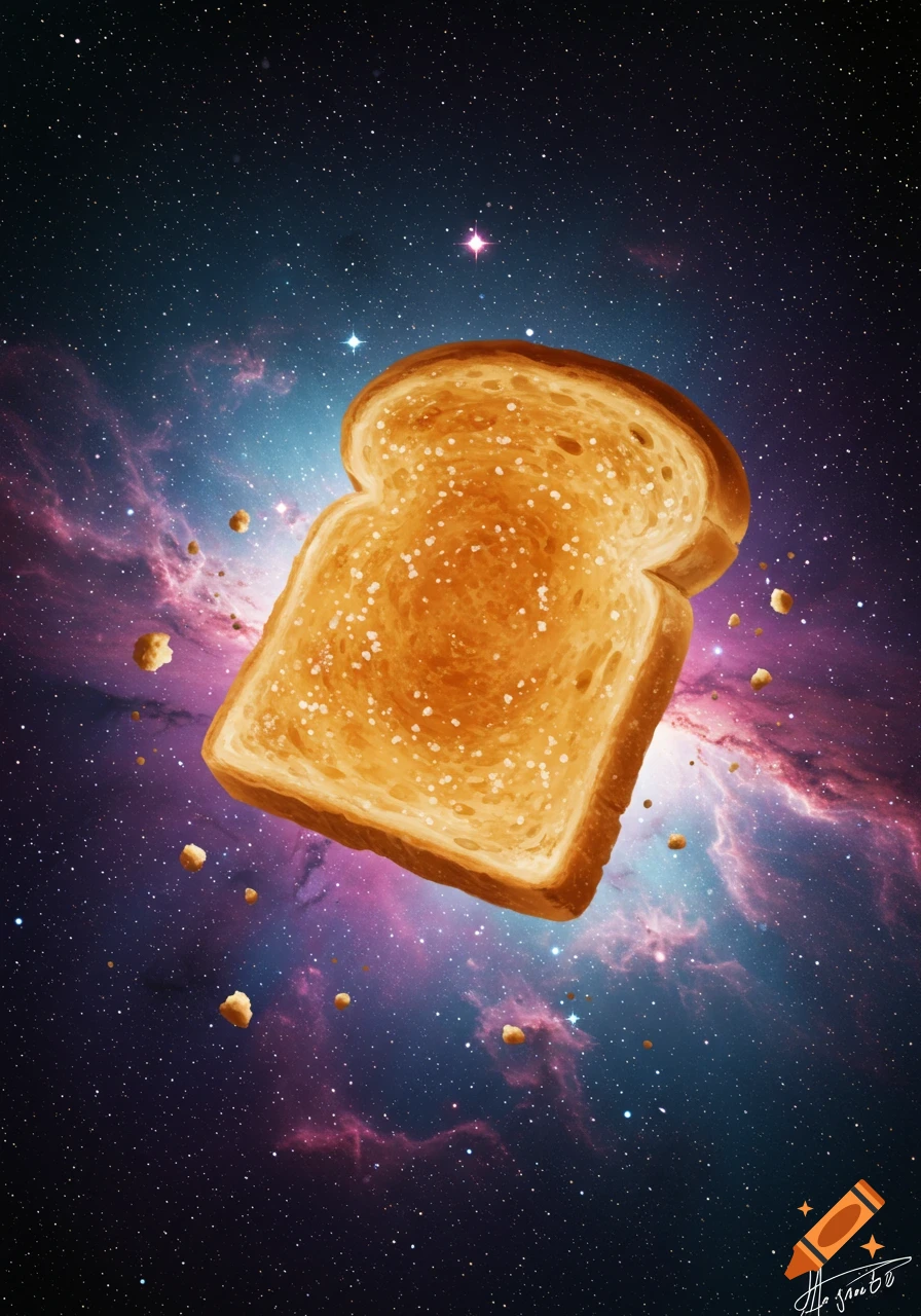 A slice of golden-brown toast, sprinkled with sugar, floats in the vastness of a colorful nebula, surrounded by stars.