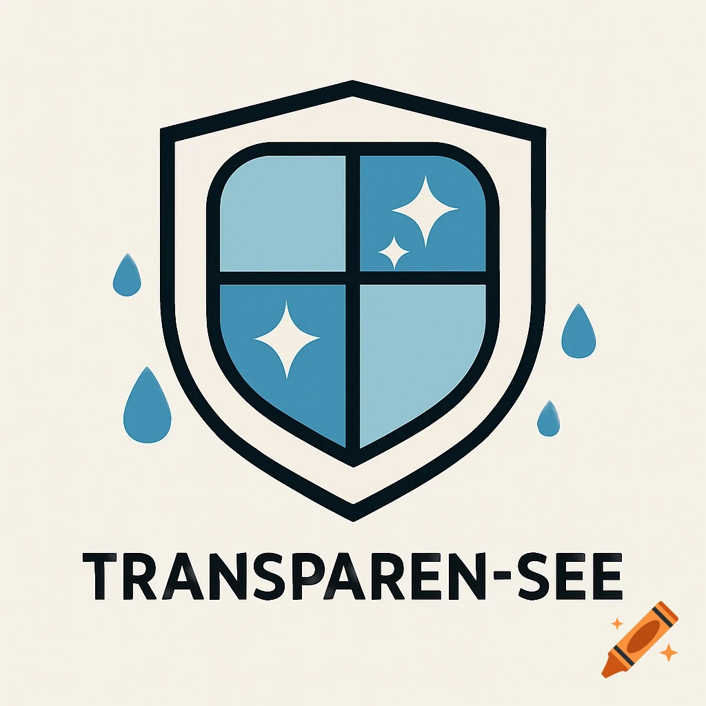 A logo for TRANSPAREN-SEE featuring a shield with a clean, sparkling window inside and blue water droplets.